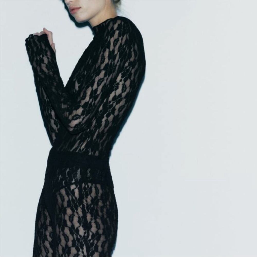 Zara Black SLIT LACE LEGGINGS - Picture 9 of 13